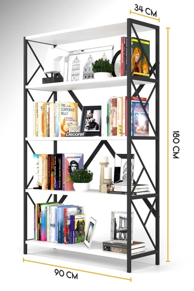 Morpanya Ural 5 Raflı Geniş Metal Kitaplık Dosya Kitap Rafı Ofis Salon Metal Raf 90x180 Siyah Beyaz - 3