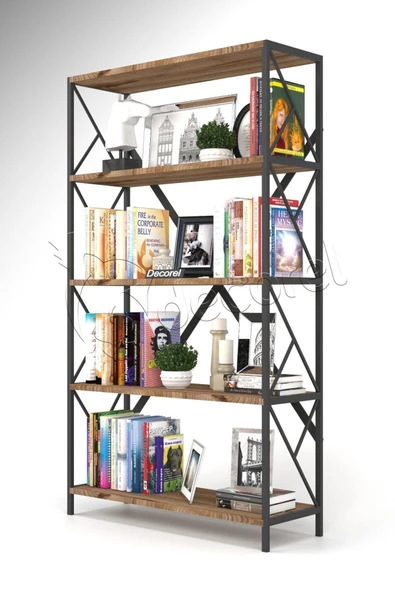 Morpanya Dekoratif 5 Raflı Kitaplık Geniş Metal Kitaplık Dosya Kitap Rafı Ofis Salon Raf 90x180cm Siyah Ceviz - 3