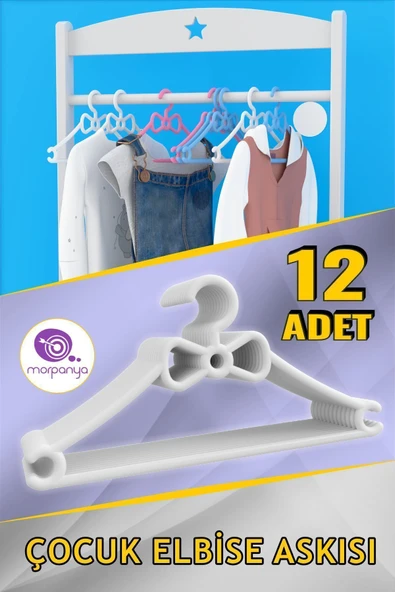Morpanya Çocuk Elbise Askısı 12 Adet Bebek Askısı Fiyonklu Bebek Çocuk Kıyafet Askısı