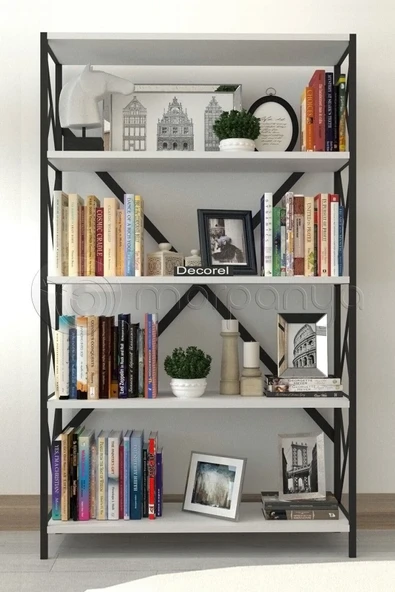 Morpanya Ural 5 Raflı Geniş Metal Kitaplık Dosya Kitap Rafı Ofis Salon Metal Raf 90x180 Siyah Beyaz