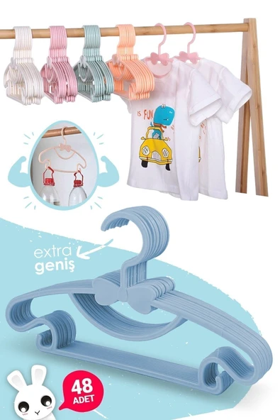 Morpanya Sweet 48 Adet Mavi Bebek Elbise Askısı 30 Cm Fiyonklu Kelebek Bebek Çocuk Kıyafet Askısı