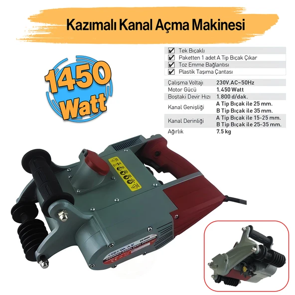 Elektrikli EX-75121 Kazımalı Tozsuz Duvar Kanal Açma Kesme Makinesi 1450 W Beton Kesici 1800 Devir