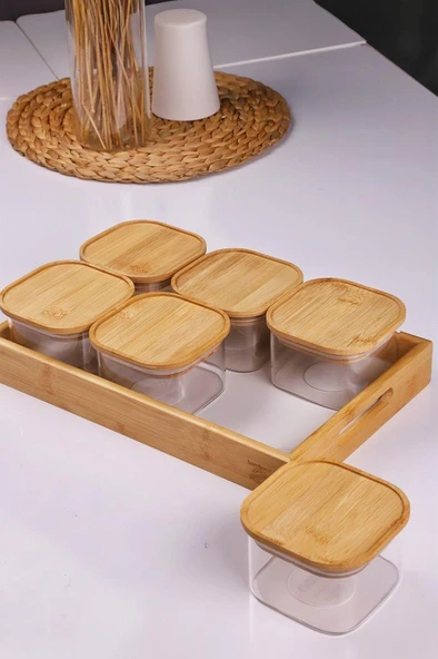 Duo 400ml 6'lı Bambu Beyaz Mermer Desen Tepsili Bambu Vakumlu Kapaklı Cam Kahvaltılık