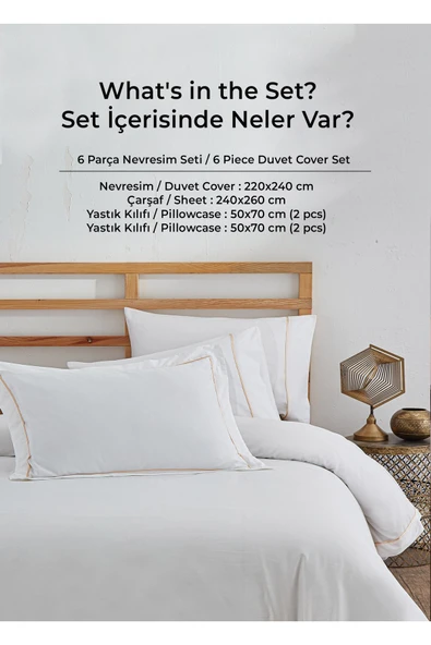 300 Tc King Pamuk Saten Nervürlü Nevresim Takımı Battal Çift Kişilik 6 Parça Krem Kırık Beyaz Stella - 4
