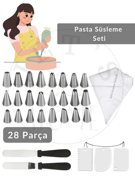 28 Parça Pasta Süsleme Seti Paslanmaz Krema Duyu-Torbası Pasta Bıçağı Sıvama Spatulası