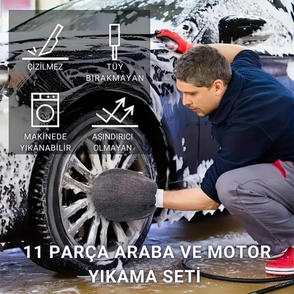 Polham 11 Parça Araba, Motorsiklet İç ve Dış Detaylı Temizleme Seti, Yıkama Ve Kurulama Seti, Bakım Seti - 2