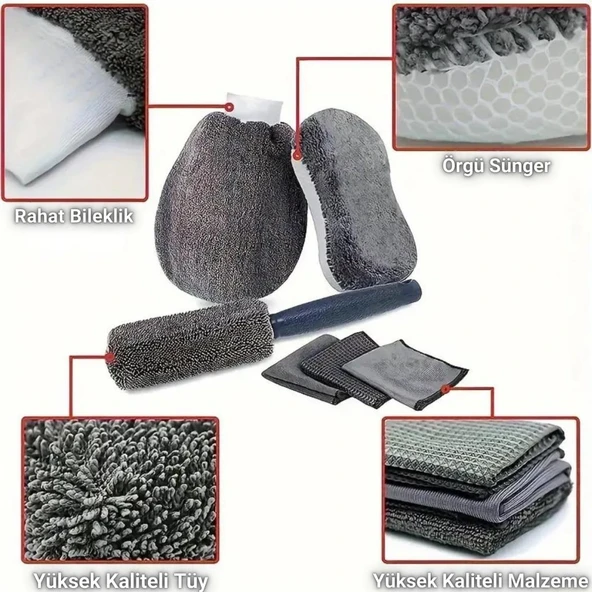 Polham 11 Parça Araba, Motorsiklet İç ve Dış Detaylı Temizleme Seti, Yıkama Ve Kurulama Seti, Bakım Seti - 7