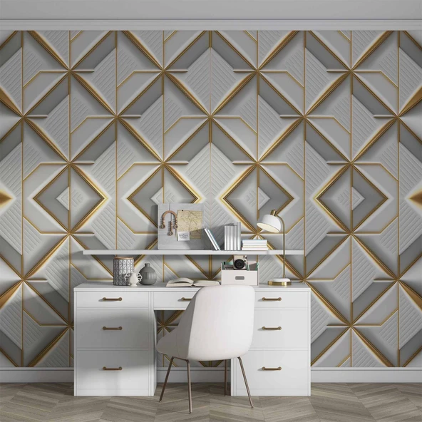 3 Boyutlu Beyaz Geometrik Kabartma Görünümlü Duvar Kağıdı - Resim 3