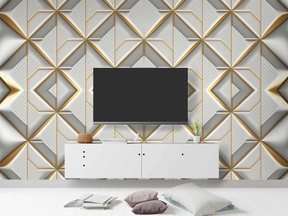 3 Boyutlu Beyaz Geometrik Kabartma Görünümlü Duvar Kağıdı - Resim 4