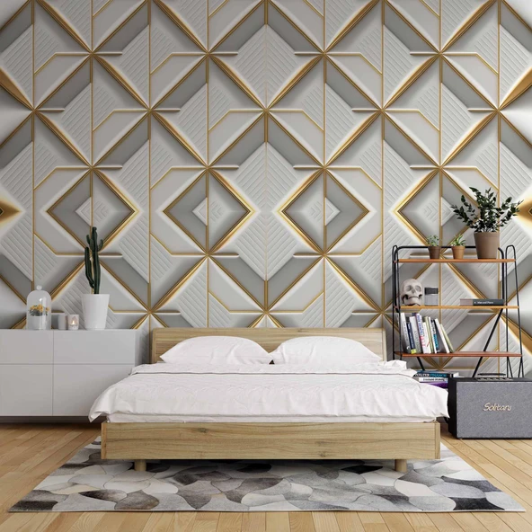 3 Boyutlu Beyaz Geometrik Kabartma Görünümlü Duvar Kağıdı - Resim 2