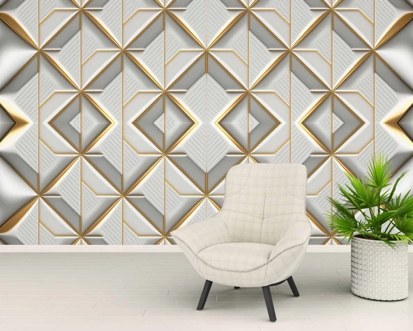 3 Boyutlu Beyaz Geometrik Kabartma Görünümlü Duvar Kağıdı - Resim 6