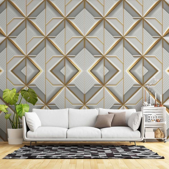 3 Boyutlu Beyaz Geometrik Kabartma Görünümlü Duvar Kağıdı ürün görseli