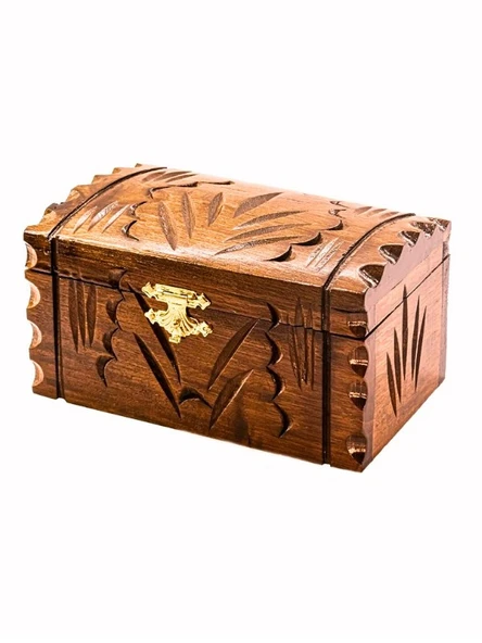 Ceviz Ahşap El Oyması Orta Boy Maraş Sandık Motifli Mücevher Takı Kutusu Kadife Kaplı 14 cm - Resim 3