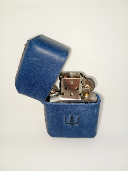 Hakiki Deri Kılıflı Benzinli Zippo Tarzı Çakmak - Lacivert - 2
