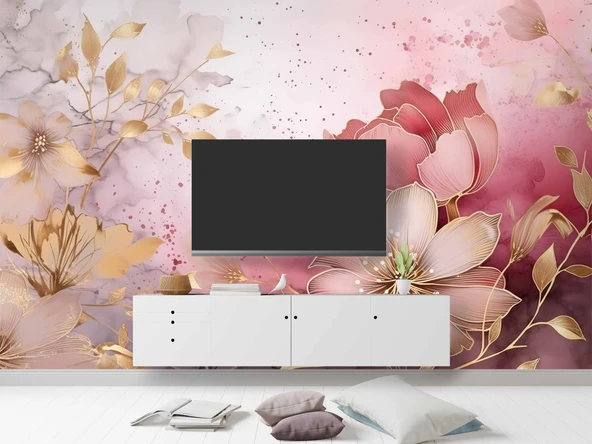 Soft Pembe Çiçek Desenli Duvar Kağıdı Baskı - 3