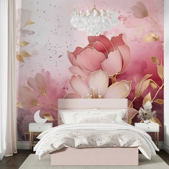 Soft Pembe Çiçek Desenli Duvar Kağıdı Baskı - 2