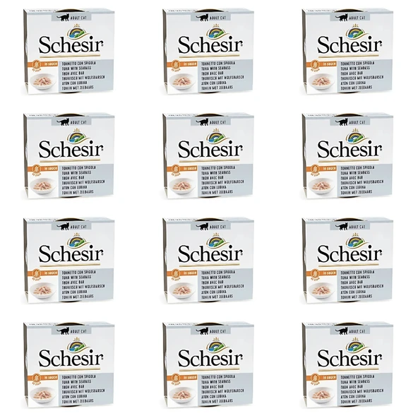 Schesir Soslu Ton Balıklı ve Levrek Etli Yetişkin Kedi Konservesi 70 Gr (12 Adet)