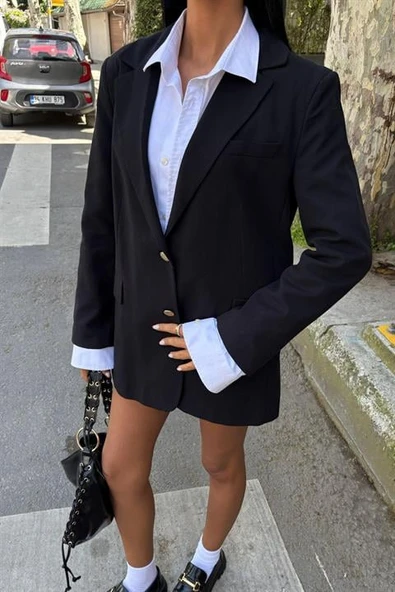 Uzun Kollu ve Düğme Kapamalı Kruvaze Yakalı Oversize Blazer Kadın Keten Ceket Siyah - 2