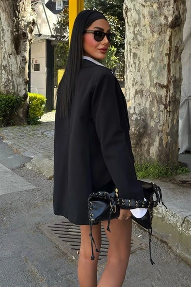 Uzun Kollu ve Düğme Kapamalı Kruvaze Yakalı Oversize Blazer Kadın Keten Ceket Siyah - 3