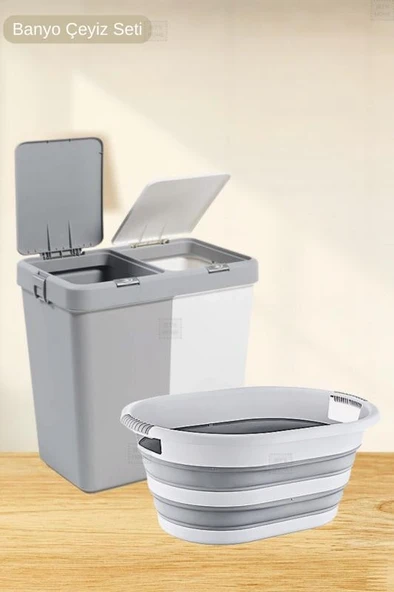 2'li Banyo Seti BPA Free 80 Litre Çamaşır Sepeti Katlanır Sele