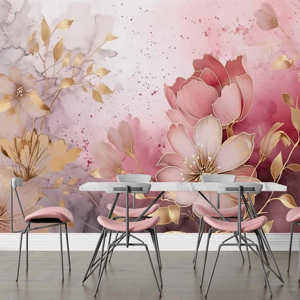 Soft Pembe Çiçek Desenli Duvar Kağıdı Baskı - 5