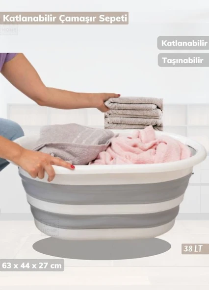 2'li Banyo Seti BPA Free 80 Litre Çamaşır Sepeti Katlanır Sele - 7