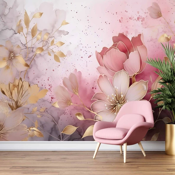 Soft Pembe Çiçek Desenli Duvar Kağıdı Baskı - 6