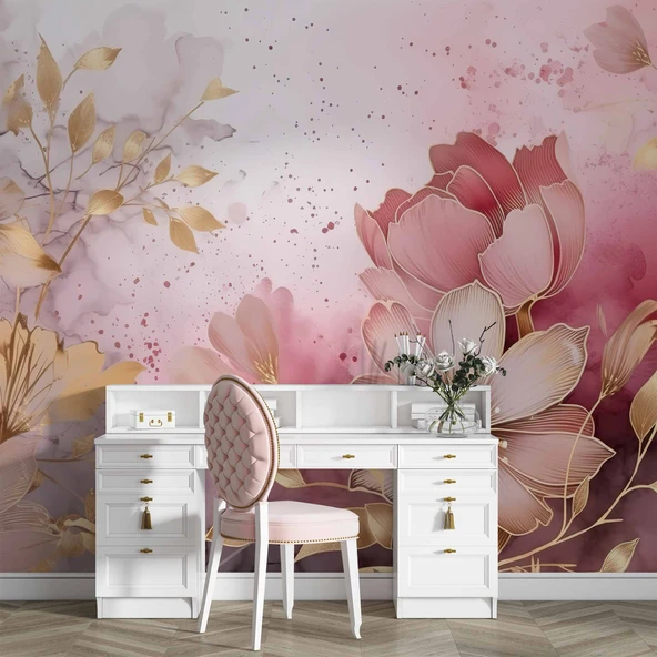 Soft Pembe Çiçek Desenli Duvar Kağıdı Baskı - 4