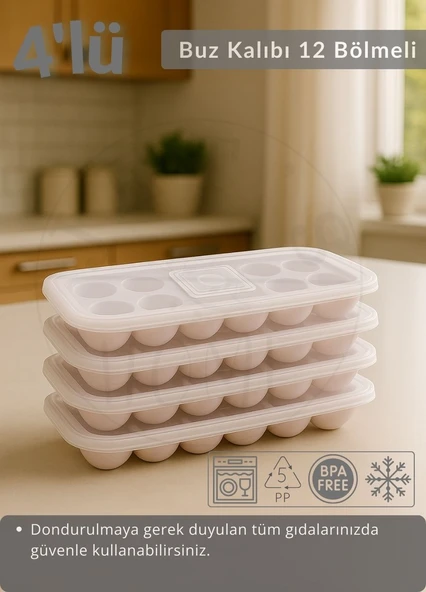 4'lü Set Buz Kalıbı 12 Bölmeli Esnek Silikon Buz Küpü BPA FREE Yuvarlak Bas Parmak Buzluk Çapı 3,5 cm Pembe