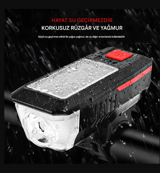 Dağ Bisiklet Kornası Su Geçirmez Güneş Enerjili Bisiklet Far - 5