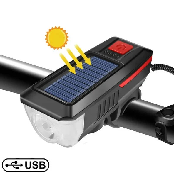 Dağ Bisiklet Kornası Su Geçirmez Güneş Enerjili Bisiklet Far - 2