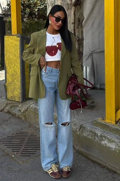 Uzun Kollu ve Düğme Kapamalı Kruvaze Yakalı Oversize Blazer Kadın Keten Ceket Haki - 6