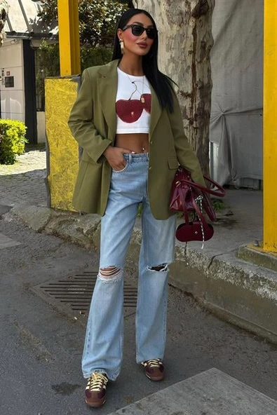 Uzun Kollu ve Düğme Kapamalı Kruvaze Yakalı Oversize Blazer Kadın Keten Ceket Haki - 5