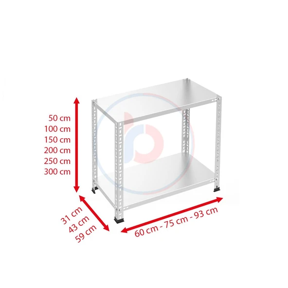 2 Katlı Galvaniz Çelik Raf - Depo, Arşiv, Kiler, Dosya, Market Rafı  31x93 cm 100 cm 0.70 mm - 3
