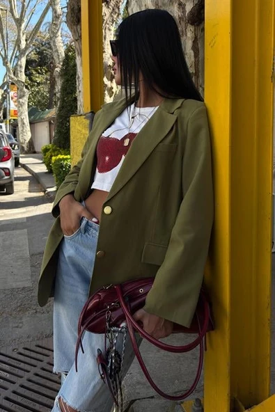 Uzun Kollu ve Düğme Kapamalı Kruvaze Yakalı Oversize Blazer Kadın Keten Ceket Haki - 2