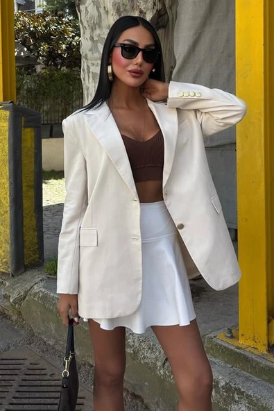 Uzun Kollu ve Düğme Kapamalı Kruvaze Yakalı Oversize Blazer Kadın Keten Ceket Ekru
