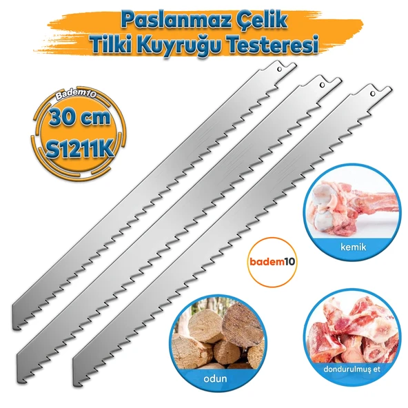 Tilki Kuyruğu Kurban Et Kemik Kesme 3'lü Testeresi Çelik Bıçak Buz Kesme Bıçağı Ağzı Ucu 30 cm