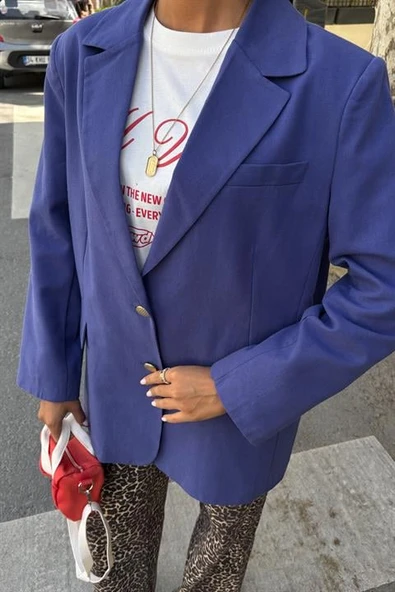 Uzun Kollu ve Düğme Kapamalı Kruvaze Yakalı Oversize Blazer Kadın Keten Ceket İndigo - 3