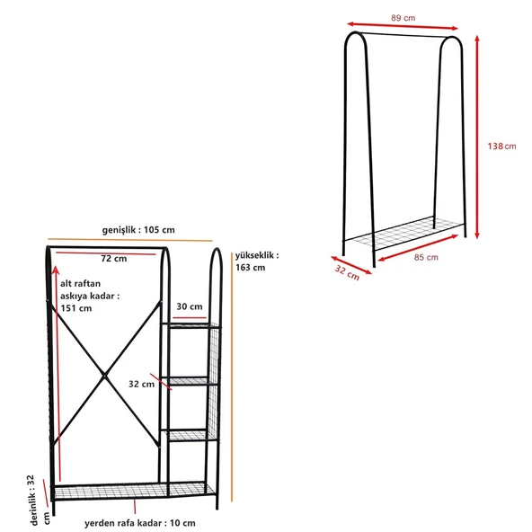 DEKORATİF 2 Lİ ASKILIK SETİ SİYAH METAL RAFLI PORTMANTO VE ELBİSE ASKILIĞI 2 ÜRÜN BİR ARADA - 5