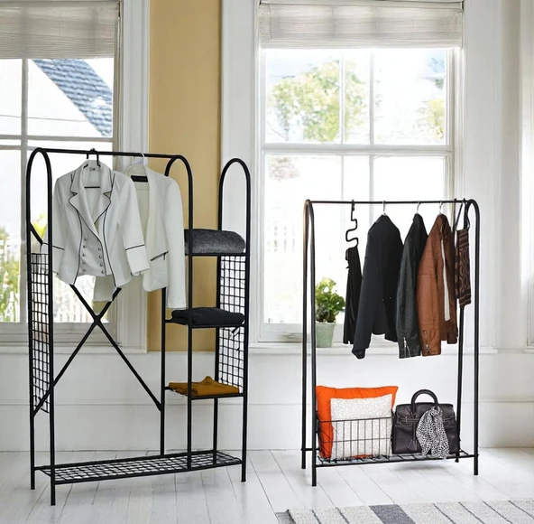 DEKORATİF 2 Lİ ASKILIK SETİ SİYAH METAL RAFLI PORTMANTO VE ELBİSE ASKILIĞI 2 ÜRÜN BİR ARADA
