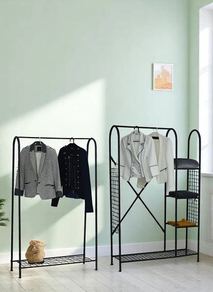 DEKORATİF 2 Lİ ASKILIK SETİ SİYAH METAL RAFLI PORTMANTO VE ELBİSE ASKILIĞI 2 ÜRÜN BİR ARADA - 2