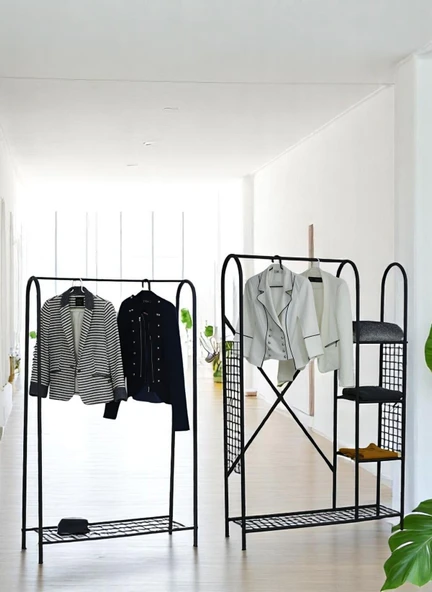 DEKORATİF 2 Lİ ASKILIK SETİ SİYAH METAL RAFLI PORTMANTO VE ELBİSE ASKILIĞI 2 ÜRÜN BİR ARADA - 4