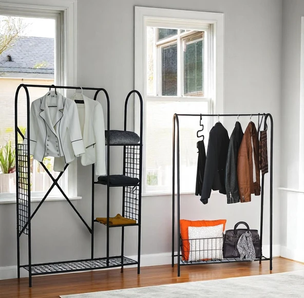 DEKORATİF 2 Lİ ASKILIK SETİ SİYAH METAL RAFLI PORTMANTO VE ELBİSE ASKILIĞI 2 ÜRÜN BİR ARADA - 3