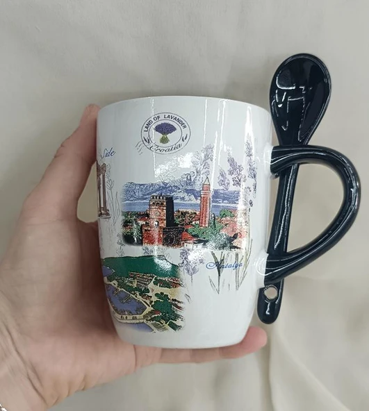 Bardak Kupa Kaşıklı Kulplu Seramik Türkiye Yazılı Meşrubat Su Kahve Bardağı 340 ml Antalya Görselli - 2