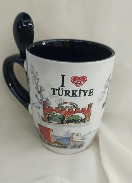 Bardak Kupa Kaşıklı Kulplu Seramik Türkiye Yazılı Meşrubat Su Kahve Bardağı 340 ml Antalya Görselli