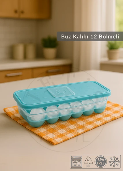 12 Bölmeli Buz Kalıbı Esnek Silikon Buz Küpü BPA FREE Kare Bas Parmak Buzluk Çapı 3,5 cm Mavi - Resim 2