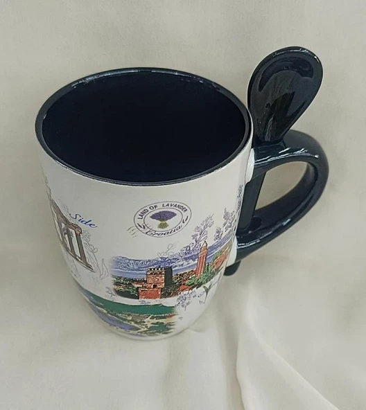 Bardak Kupa Kaşıklı Kulplu Seramik Türkiye Yazılı Meşrubat Su Kahve Bardağı 340 ml Antalya Görselli - 3