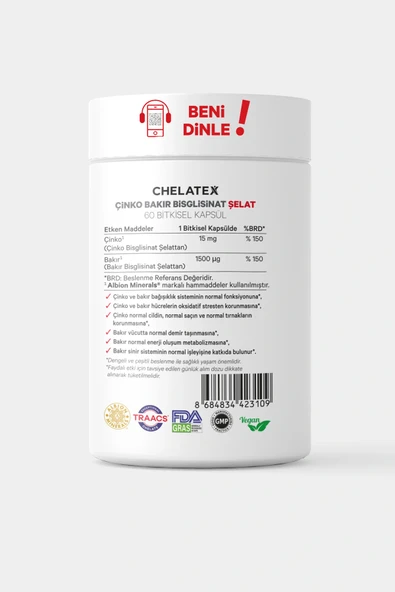 Chelatex Çinko Bakır Bisglisinat Şelat 60 Bitkisel Tablet - 3
