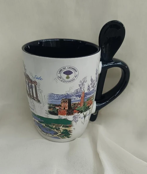 Bardak Kupa Kaşıklı Kulplu Seramik Türkiye Yazılı Meşrubat Su Kahve Bardağı 340 ml Antalya Görselli - 4