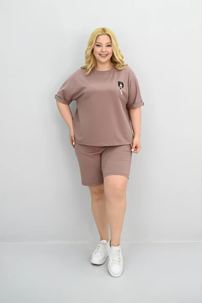 Kadın Büyük Beden Kısa Kollu Aksesuar Detaylı Şort Takım 8186-25 - 3